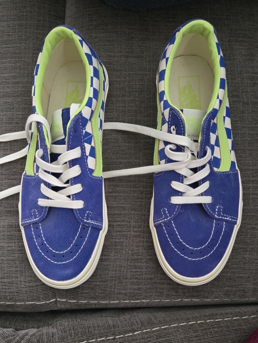 Vans Checkerboard Low-Top Sneakers in Blue and Lime - Picture 3 of 7